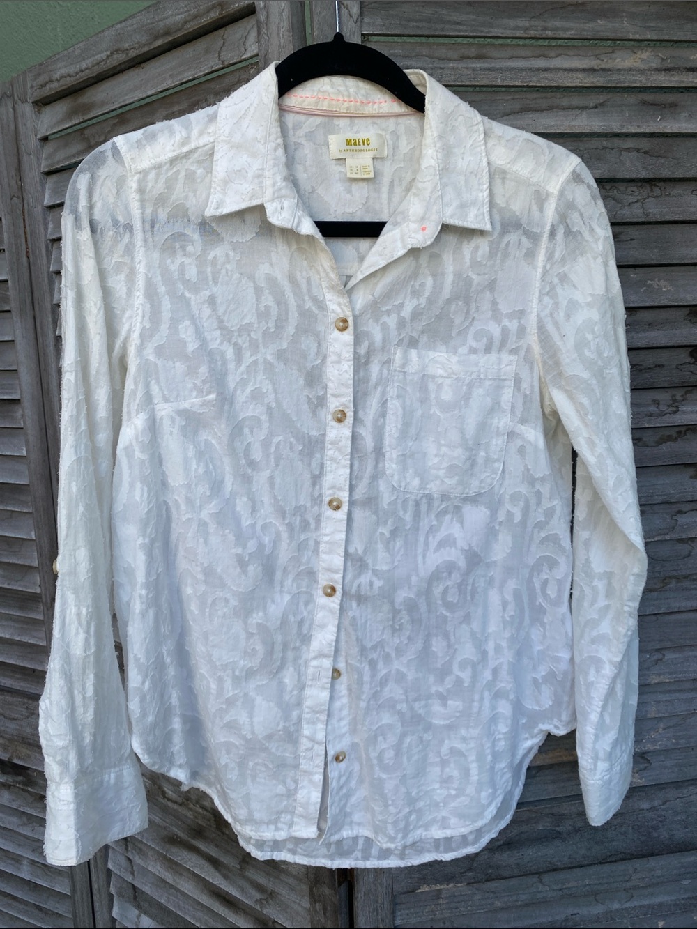 Maeve White Sheer Damask Button-Up Blouse